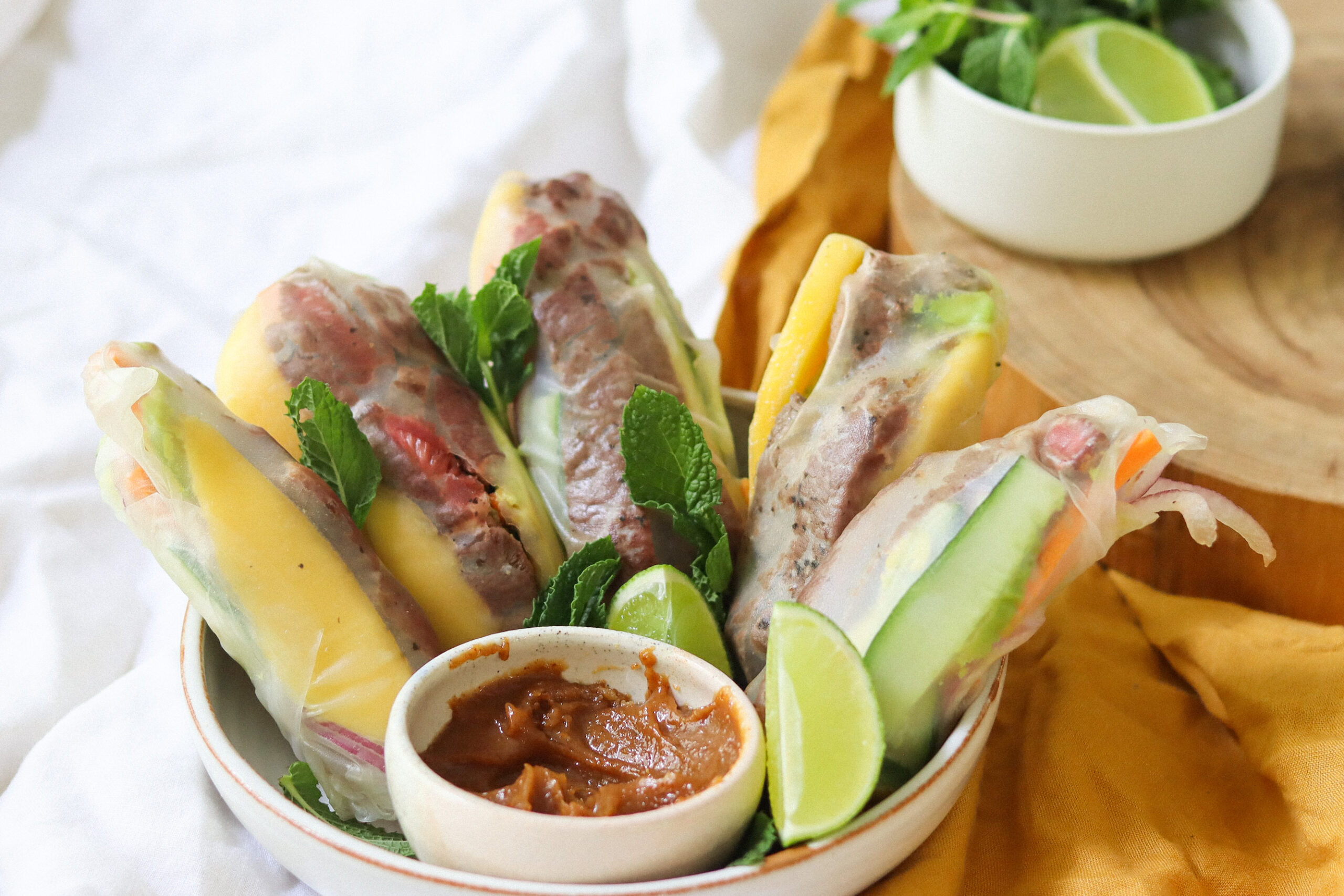 Featured image for “Steak Rice Paper Rolls with Almond Butter Satay”
